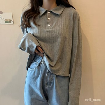 P3-寬鬆打底衫上衣秋裝2024年新款韓版灰色秋季POLO衫長袖T恤女ins潮