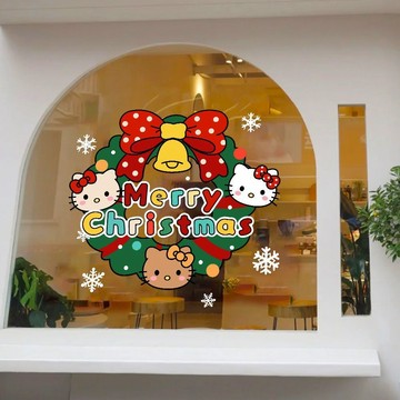 2026聖誕節裝飾玻璃櫥畫新年佈置KITTY貓聖誕花環靜電門貼紙窗貼