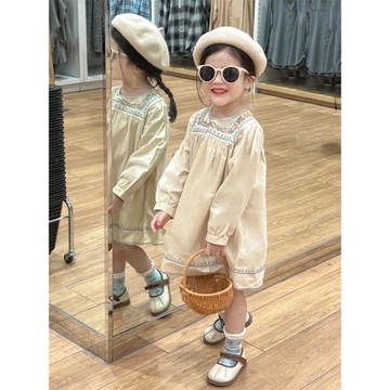 女童長袖連衣裙春秋季新款兒童宮廷風復古繡花裙子女寶寶公主裙韓