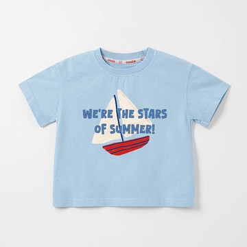 韓國 OZKIZ - 100%澳洲棉純粹呼吸短袖上衣-塗鴉帆船-天藍