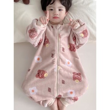寶寶法蘭絨連體睡衣秋冬款男童分腿睡袋冬季女童珊瑚絨家居服加厚
