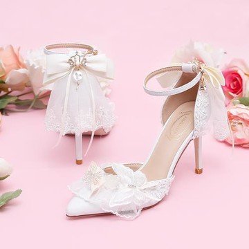 潔白雪紡蝴蝶結網紗高跟鞋一字式尖頭洛麗塔風少女中空涼鞋lolita