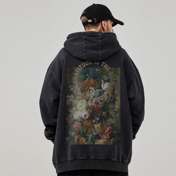 大碼連帽美式重磅復古胖子男裝潮流寬松水洗做舊衛衣加絨春秋冬款