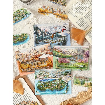 🍋檸檬青🍋新款現貨PET防水貼紙季墟紀元系列4款10張入四季風景手帳裝飾素材