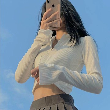 ins超火針織衫t恤女修身顯瘦露臍polo領初秋高腰緊身長袖短款上衣