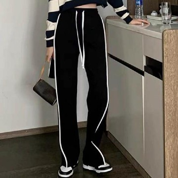 300斤大碼高腰抽繩拖地闊腿褲女春秋胖mm顯瘦側邊條紋休閑運動褲