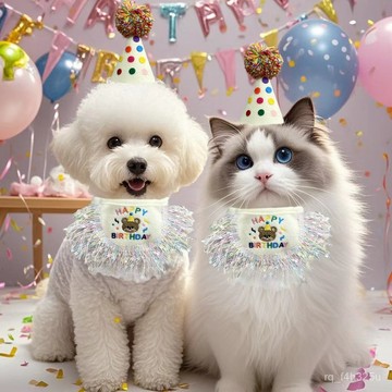 [24時熱賣]寵物生日服飾 跨境寵物生日套裝貓咪小狗流蘇圍兜波點球帽子派對裝飾生日派對 OHOB