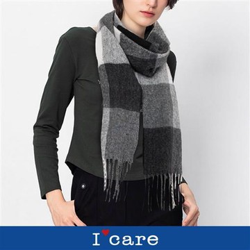 現貨【Icare 依卡】灰色大方格流蘇圍巾（F）｜格紋圍巾 披肩 披巾 大圍巾