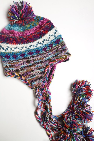 粉紫藍綠七球純羊毛線手工編織全襯防風毛帽子護耳帽|保暖交換禮