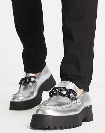 ASOS DESIGN chunky sole loafers with oversized chain in silver faux leather with contrast sole