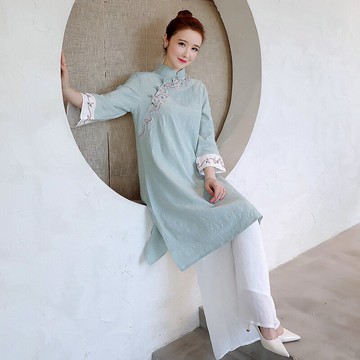 春季新款女裝復古文藝女裝刺繡連衣裙