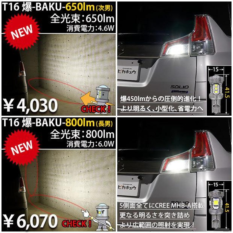 T16 バックランプ LEDバルブ 爆光 スズキ ソリオ (MA26S/36S/46S) 対応 爆-BAKU-800lm CREE製素子 ホワイト  6600K 無極性 2個 後退灯 5-A-1 | LINEショッピング