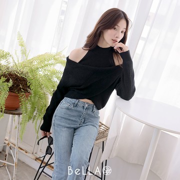 【初秋新品】BeLLA 削肩扭結兩件式針織上衣 黑色