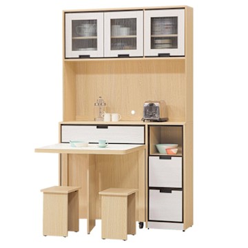 文創集 亞卡利雙色3.9尺多功能高餐桌櫃組合(拉合餐桌＋餐櫃)-118x40x197cm免組