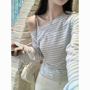 可可裡👛罩衫 蕾絲拼接純欲風斜領條紋 修身露肩ins上衣 春夏新款