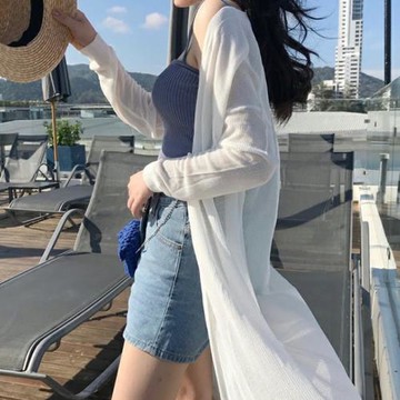 白色冰絲針織開衫長款外套女秋冬新款防曬罩衫上衣薄款空調衫外搭