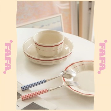 隔日到貨｜韓系紅線條陶瓷碗盤組 耐熱碗盤 韓式餐具 可微波可烘乾 碗盤套裝 限量現貨｜FAFA 發發家居 台灣