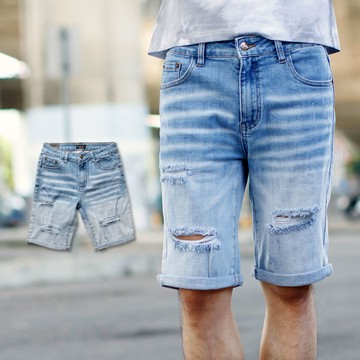 【NB1754J】韓國製漸層刷白割破造型牛仔短褲(LE-HB926)