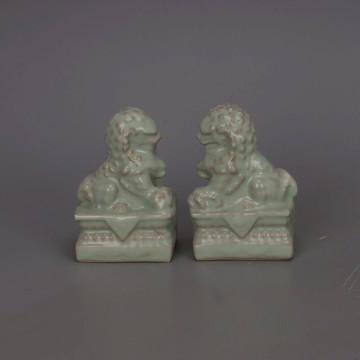 宋 汝窯青釉開片獅子像【一對】擺件 仿古舊貨瓷器民間家居裝飾