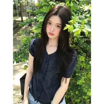 木耳邊格子短袖襯衫女2026新款夏季日系復古設計感泡泡袖小衫上衣