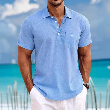 跨境歐美亞馬遜男士休閑紐扣裝飾翻領棉麻短袖薄款襯衫歐碼襯衫男