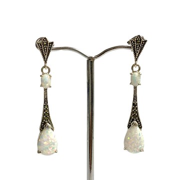 裝飾藝術風格 Gilson 蛋白石與白鐵礦長耳墜 925 純銀