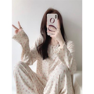 韓系睡衣女甜美風碎花2025新款春秋宿舍簡約風長袖長褲家居服套裝