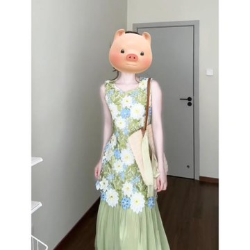 (免運)法式立體鏤空刺繡花朵假兩件連衣裙子女夏季獨特漂亮絕美背心長裙