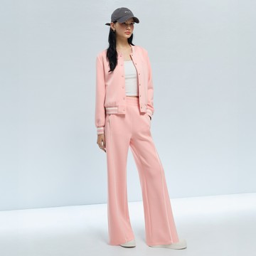 SO NICE 蠟粉色撞色邊顯瘦空氣棉彈力腰頭喇叭長褲