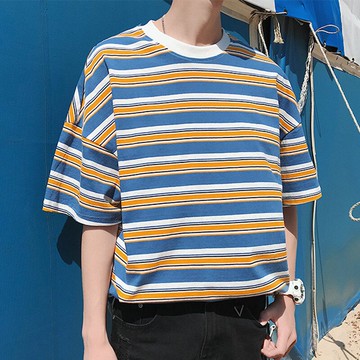 短袖男條紋潮牌潮流半袖t恤港風ins百搭網紅打底衫夏裝寬松五分袖