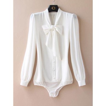 法式飄帶蝴蝶結連體襯衫女2025年春秋季新款修身顯瘦職業連襠襯衣