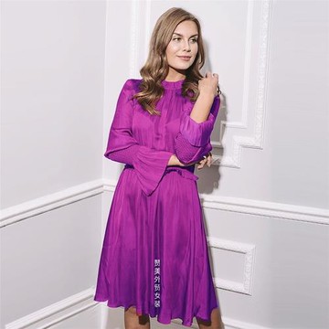 D@丹麥小眾摩登有范設計感舒適海島絲松緊高腰春秋長袖連衣裙