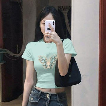 精選新品💖薄荷綠上衣 馬卡龍綠短袖 莫蘭迪綠襯衫 韓系氣質 顯白百搭 上班通勤服 重磅純棉短袖T恤女夏季新款遮肉露臍短