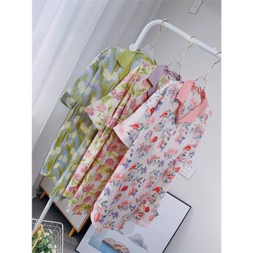 新款睡裙女夏季冰絲短袖甜美郁金香睡衣高級感襯衫裙家居服可外穿