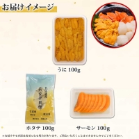 1989. ウニ チリ産 冷凍 ホタテ サーモン 切り身 各100g 計300g 海鮮 うに 雲丹 ほたて 帆立 貝柱 鮭 シャケ 海鮮丼 ご飯のお供 酒の肴 おつまみ 魚介 海鮮 ギフト 送料無料 北海道 弟子屈