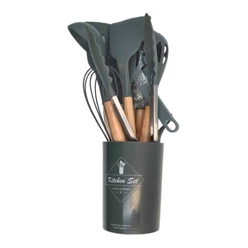 禾統 食品級矽膠廚具14件組  煎鏟 + 開孔煎鏟 + 炒菜鏟 + 料理漏勺 + 湯勺 + 大刮刀 + 小刮刀 + 食物夾 + 麵勺 + 烘焙刷 + 打蛋器 + 量勺 + 湯勺 + 廚具收納筒  石墨灰  1組