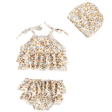 愛北鼻 ins女童泳衣 小橘子 吊帶分體泳衣+泳褲+泳帽 110碼 建議100-110cm  白色 + 橘色 + 綠色  1入