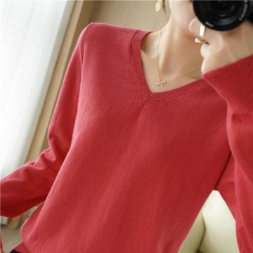 v領純棉針織毛衣女秋冬新款打底衫長袖套頭純色短款上衣全棉毛衫
