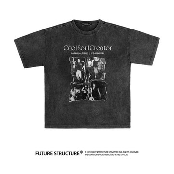 未來結構”cool creator“重磅洗水做舊短袖小眾中性風美式夏T恤