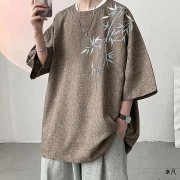 105公斤可穿🧊冰絲薄款棉亞麻短袖 大尺碼男裝 中式短袖 國潮上衣 T恤男款夏季薄款加肥加大碼七分半袖~灣boy