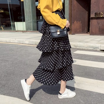春裝女裝新款波點松緊腰半身裙女高腰百搭中長款百褶裙蛋糕裙1入