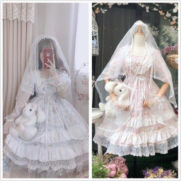 逗醬原創天空の花嫁Lolita純棉淺藍粉古著印花法式短袖連衣裙套裝