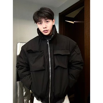 黑色時尚潮流拉鍊多口袋外套男痞帥秋季新款休閒百搭上衣男