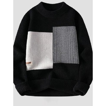 NY高端半高領毛衣男士冬季寬松打底衫個性拼接撞色內搭加厚針織衫