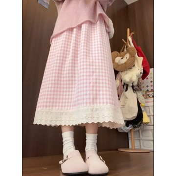 【PING'S🌞】甜美 清新 粉格子 蕾絲 花邊 半身裙 春秋 2025 新款 a字 長裙 高腰 顯瘦 傘裙