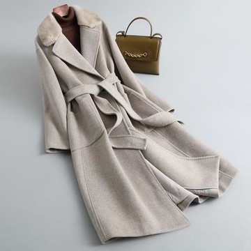 2025秋冬新款水貂鵝絨內膽女雙面羊絨毛呢外套腰帶中長款羊毛大衣