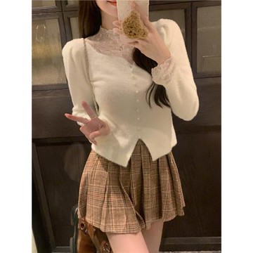 秋冬2025年新款法式修身純欲毛衣女蕾絲假兩件內搭針織打底衫上衣