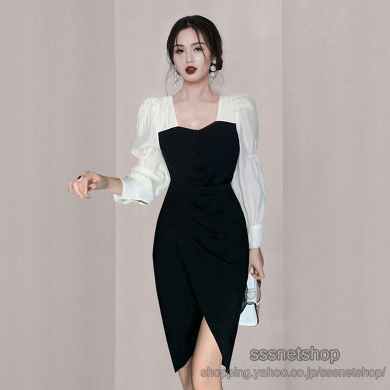 ワンピース レディース スクエアネック デザイン 膝丈 ハイウエスト ヒップワンピース 無地 シンプル 配色 長袖 スリット キレイめ 気質 Sssnetshop 通販 Lineポイント最大get Lineショッピング