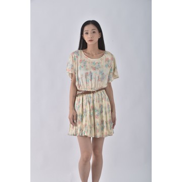 (M) miia碎花短袖傘擺杏色綁帶洋裝二手衣