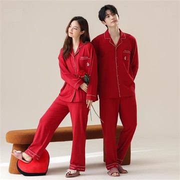 【巴黎精品】睡衣套裝長袖居家服-翻領紅色寬鬆情侶男女休閒服2款w1ad31